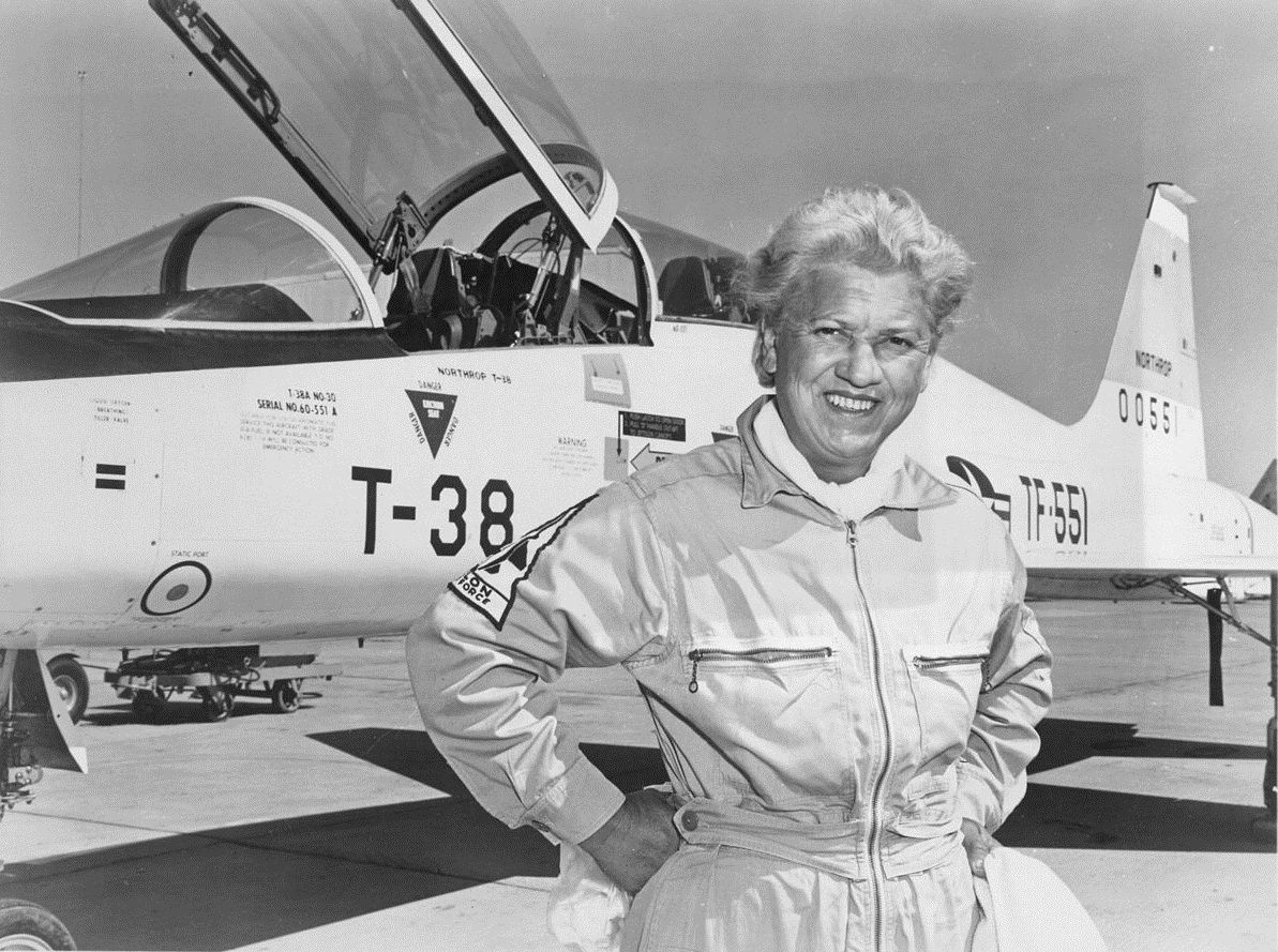 Jackie Cochran with her record-setting Northrop T-38A-30-NO Talon, 60-0551, at Edwards Air Force Base, 1961. (U.S. Air Force)