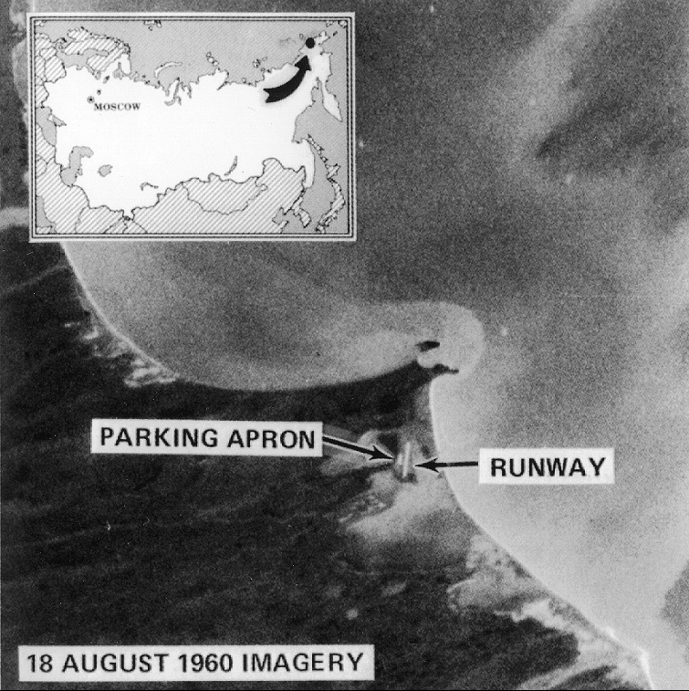 Corona 1 photographic image of Mys Shmidta Air Field, USSR. This image, taken 18 August 1960, has a resolution of 40 feet x 40 feet ( meters). (National Reconnaissance Office) 