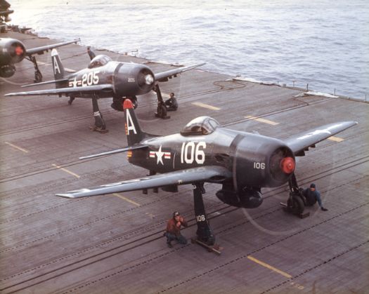 Grumman F8F bearcat fighters aboard the Essex-class aircraft carrier, USS Tarawa (CV-40) circa 1948. (U.S. Navy)