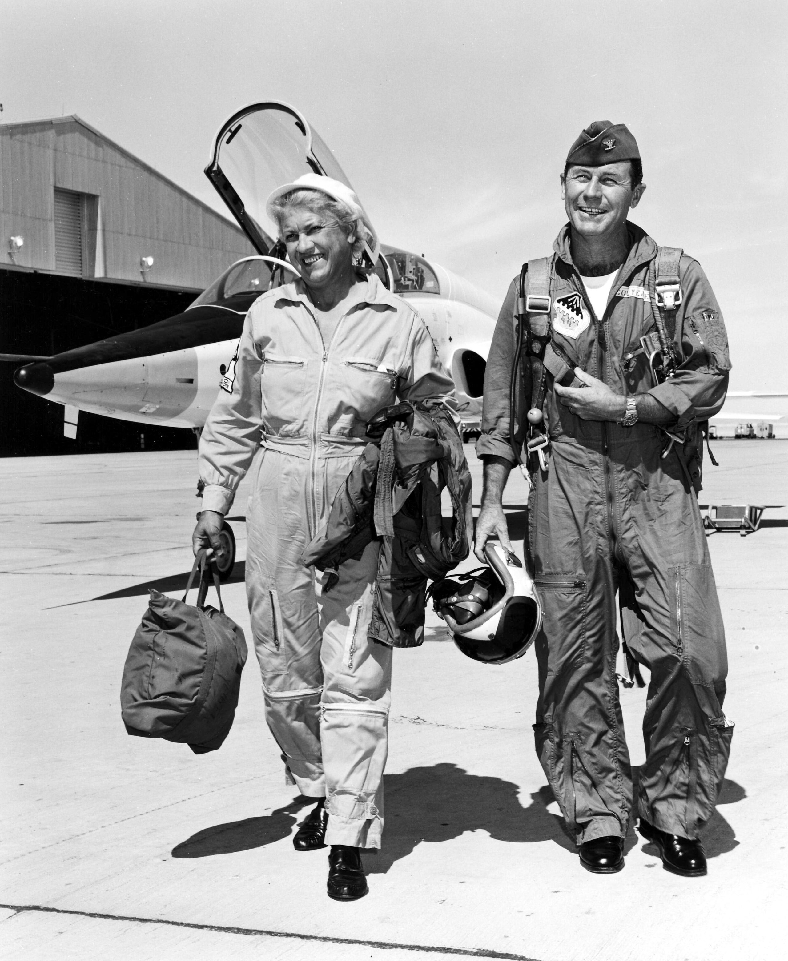 Jackie Cochran and Chuck Yeager at Edwards Air Force Base, California, after a flight in the record-setting Northrop T-38A Talon. (U.S. Air Force)