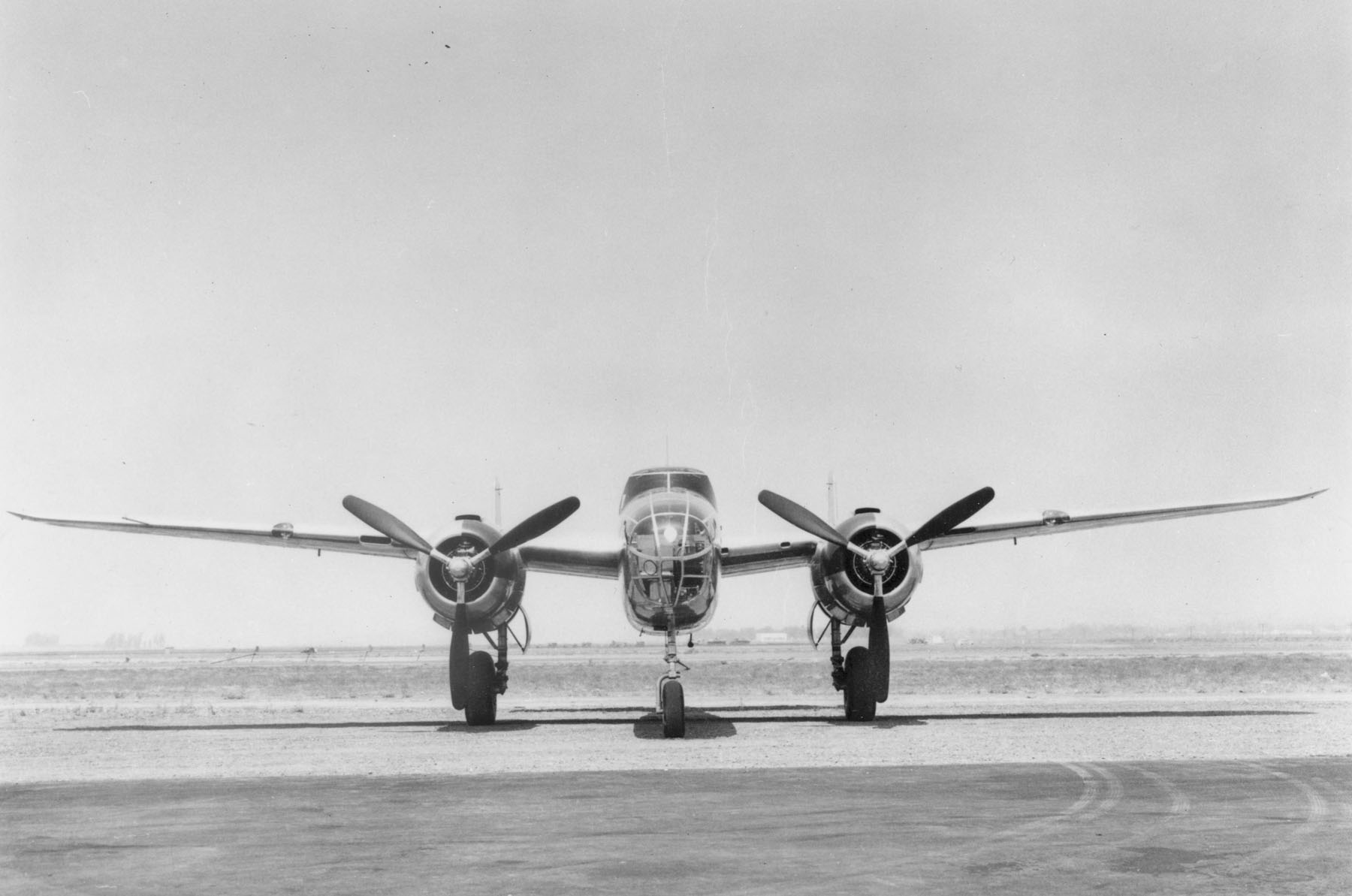 Front view of the first North American B-25 Mitchell, 40-2165. The constant dihedral wing was used on the first nine airplanes built. (U.S. Air Force)