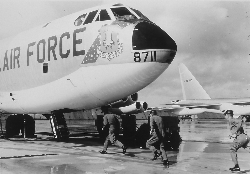 A Strategic Air Command alert crew runs to man their bomber, Boeing RB-52B-15-BO Stratofortress 52-8711, 22 Bombardment Wing (Heavy), the first operational B-52, at March Air Force Base, California, 1965. (U.S. Air Force)