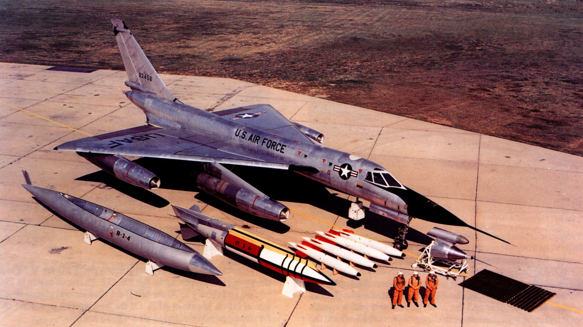 B-58A-10-CF 59-2456 with typical weapons load: Four 1-megaton B43 thermonuclear bombs for high-speed, low-altitude laydown delivery; one W39 3–4 megaton thermonuclear bomb carried in the centerline weapons/fuel pod, one 20 mm M61 rotary cannon with x,xxx rounds of ammunition. (U.S. Air Force)