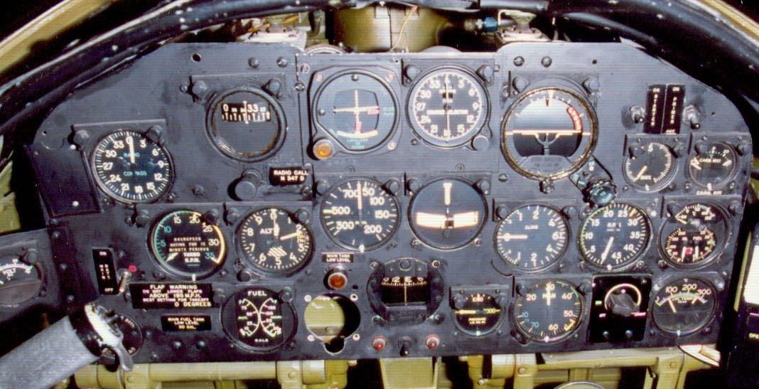 The instrument panel of a Republic P-47D-40-RA Thunderbolt in the collection of the National Museum of the United States Air Force. The Airspeed Indicator is in the second row of instruments, just left of center. Note that the maximum speed marked on the face of the gauge is 700 miles per hour. (U.S. Air Force)