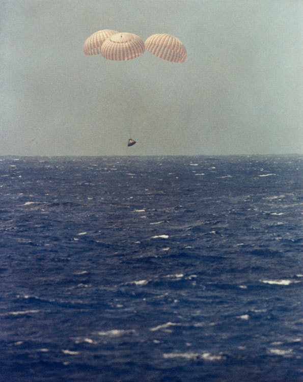 Apollo 12 command modules just before splashdown 10:58 a.m., local time, 24 November 1969. (U.S. Navy)