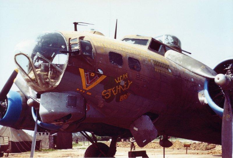 Douglas B-17G-25-DL Flying Fortress 42-38052, 711th Bombardment Squadron (Heavy), 447th Bombardment Group (Heavy), RAF Rattlesden, Suffolk, England. At the time of this photograph, the airplane carried the name, Lucky Stehley Boy. (Mark Brown, U.S. Air Force)