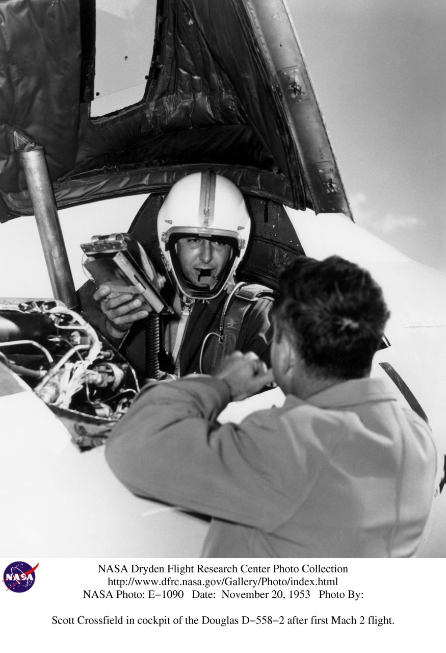 NACA test pilot Scott Crossfield in the cockpit of the Douglas D-558-II Skyrocket after his record-setting flight, 20 November 1953. (NASA) 