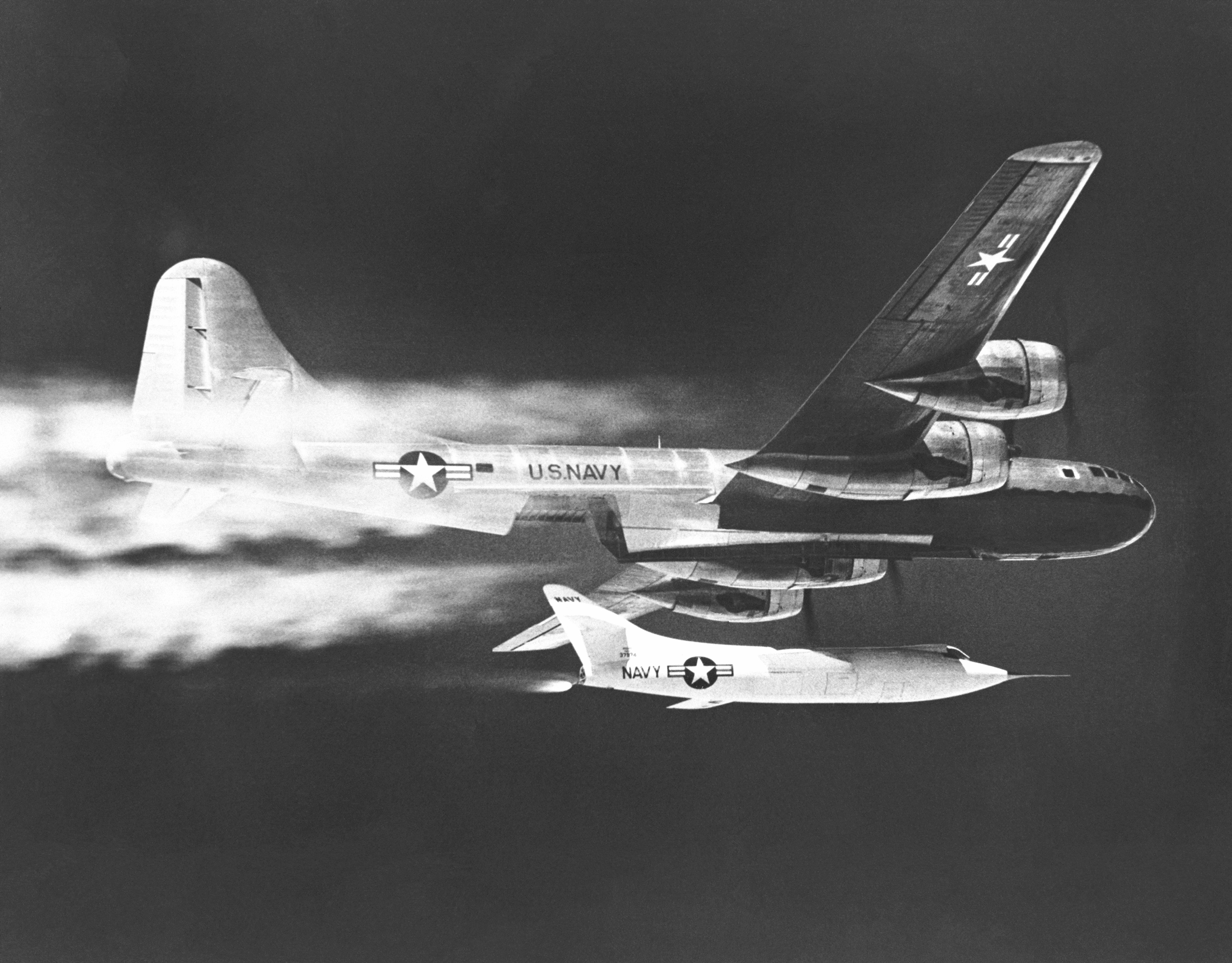 Douglas D-558-II Skyrocket, Bu. No., 37974, NACA 144, is dropped from the Boeing P2B-1S Superfortress, Bu. No. 84029, NACA 137. (NASA)