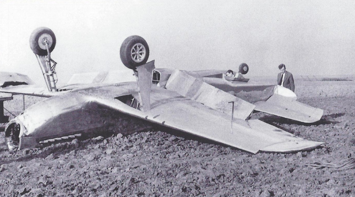The prototype Mustang, NA-73X, lies upside down in a plowed field, 20 November 1941. (North American Aviation Inc.)