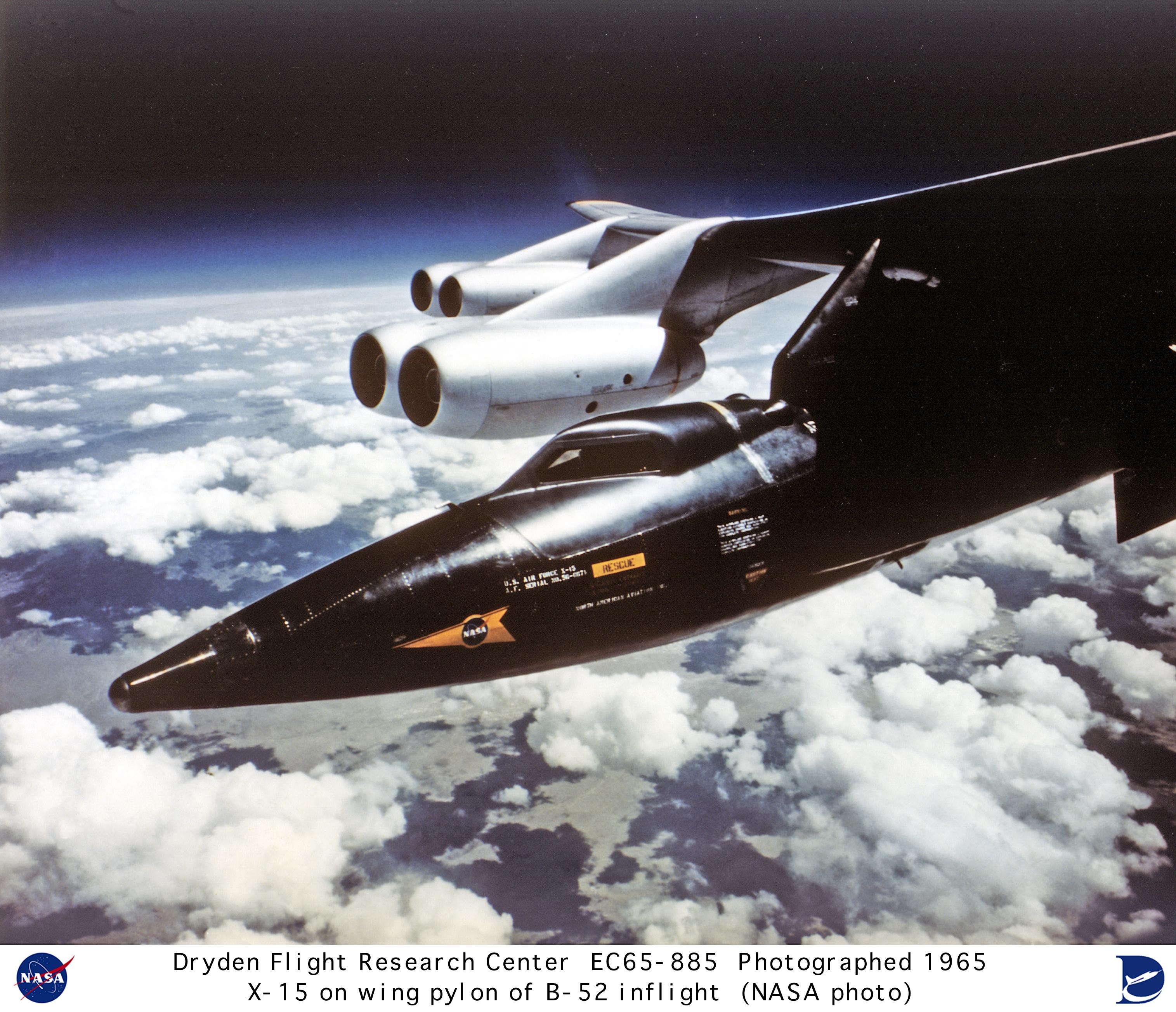 North American Aviation X-15 56-6671 under the right wing of a B-52 Stratofortress at 45,000 feet. (NASA)