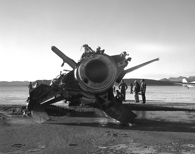 The Number Two X-15, 56-6671, lies upside down and severely damaged at Mud Lake, Nevada, 9 November 1962. (NASA)