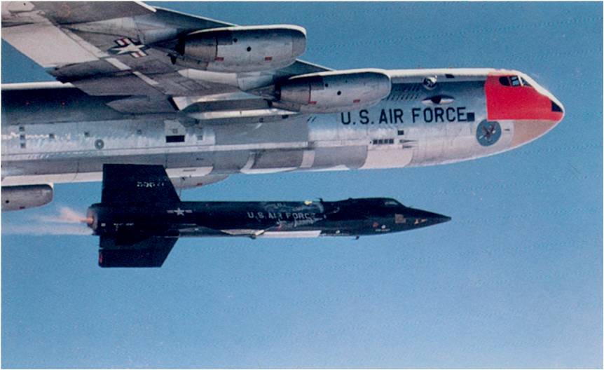 The number two North American Aviation X-15, 56-6671, is dropped from the Boeing NB-52A Stratofortress, 52-003. The XLR99 rocket engine is just igniting. Frost from the cryogenic fuels coats the fuselage. (NASA)