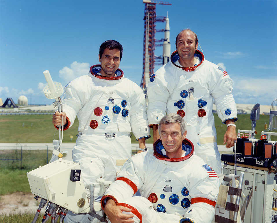 Gene Cernan, seated, with Harrison Schmitt and Ronald Evans. (NASA)