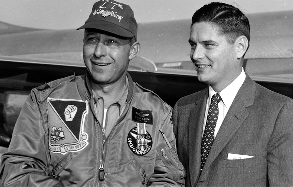 Major Adrian E. Drew, 481st Fighter Bomber Squadron, 27th Fighter Bomber Wing, U.S. Air Force, at Edwards AFB, 12 December 1957. (U.S. Air Force via Jet Pilot Overseas)