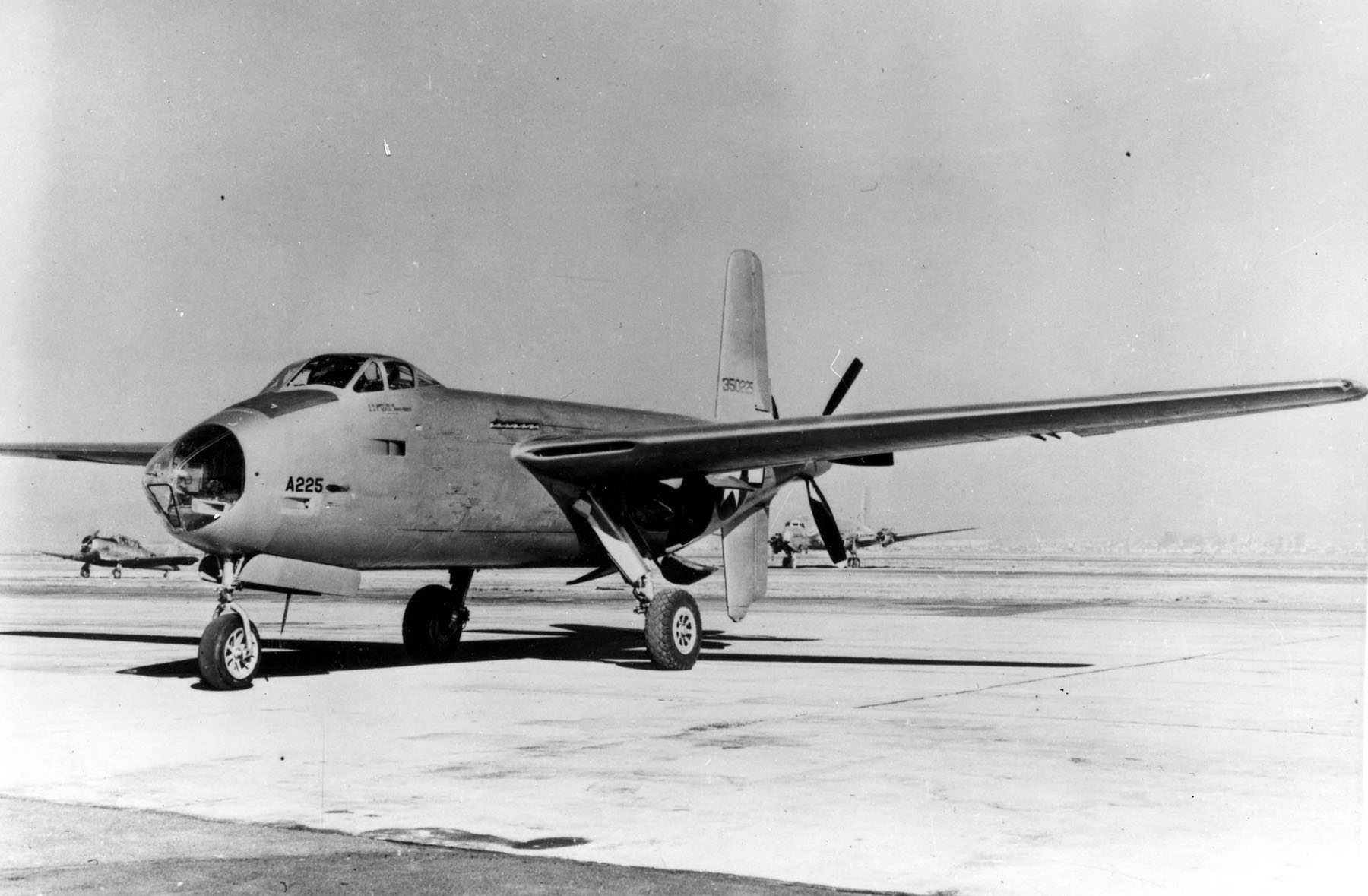 The second prototype Douglas XB-42, 43-50225, In this photograph, the dual bubble canopies have been replaced with a single canopy to improve flight crew communication. (U.S. Air Force)