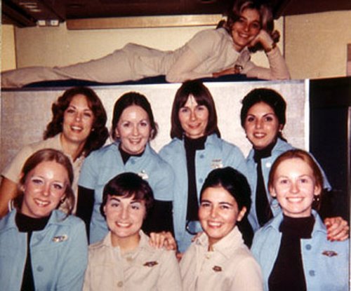 The cabin crew of Flight 401, 29 December 1972: Back row: Pat Ghyssels, Trudy Smith, Adrianne Hamilton, lead Flight Attendant, Mercy Ruiz. Front row: Sue Tebbs, Dottie Warnock, Beverly Raposa, Stephanie Stanich. Laying on the coat rack, Patty George. Not shown, Sharon Transue. Pat Ghyssels and Stephanis Stanich, seated next to each other in jump seats, were killed. (Sharon Transue/Eastern Airlines)