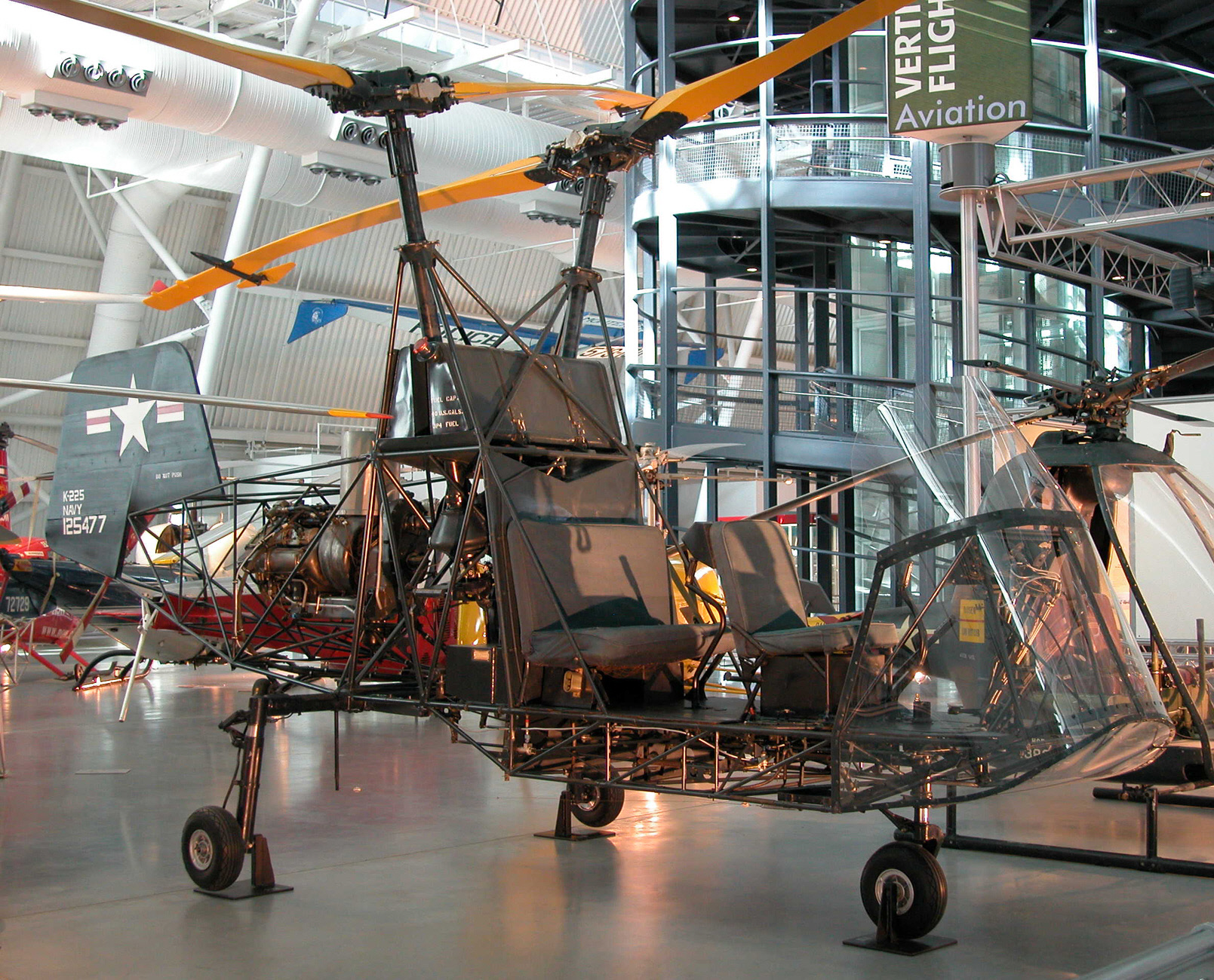 Kaman K-225, Bu. No. 125477, the first gas turbine-powered helicopter, at the Vertical Flight Gallery, Steven F. Udvar-Hazy Center, Smithsonian Institution National Air and Space Museum, Chantilly, Virginia. (NASM)