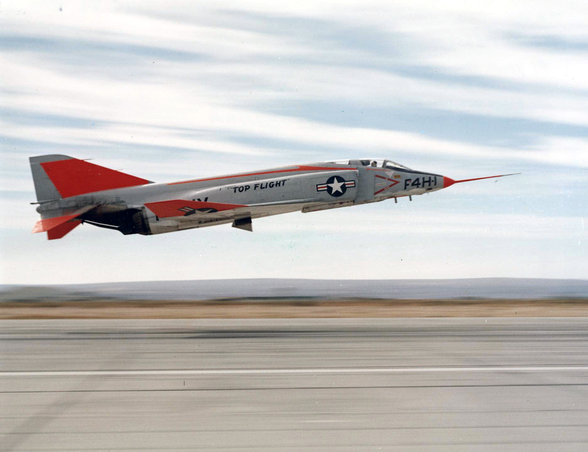 The McDonnell YF4H-1 Phantom II, Bu. No. 142259, takes off at Edwards Air Force Base during preparations for Operation Top Flight. (McDonnell Aircraft Corporation) 