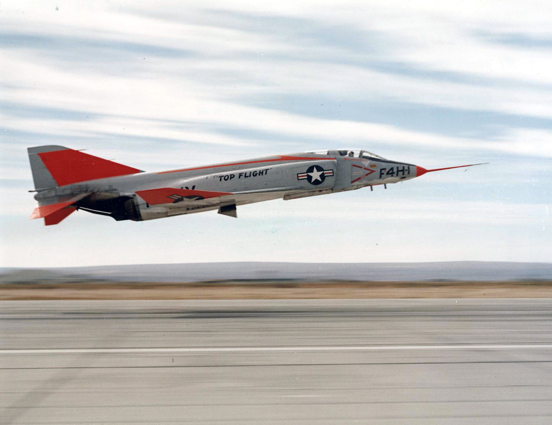 McDonnell YF4H-1 Phantom II, Bu. No. 142260, takes off at Edwards Air Force Base, during Project Top Flight. (U.S. Navy)