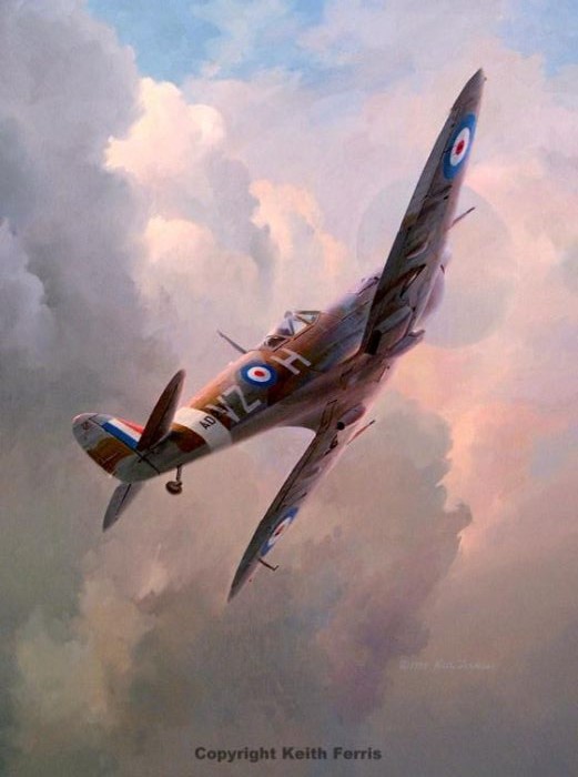 "On Laughter-Silvered Wings", by Keith Ferris, 1995. © by the artist. The original of this painting, depicting John Gillespie Magee’s Supermarine Spitfire, is on loan to the George Bush Presidential Library and Museum, College Station, Texas.