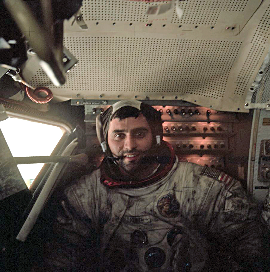 Harrison H. Schmitt, Lunar Module Pilot, inside the LM after the final EVA of teh Apollo Program, 13 December 1972. (Eugene A. Cernan/NASA) 