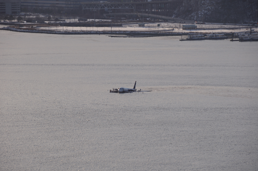 U.S. Airways Flight 1549 afloat in the Hudson River on the afternoon of 15 January 2009. 