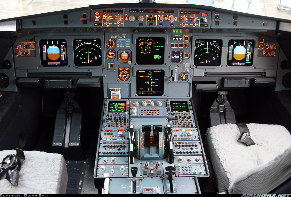 The cockpit of a U.S. Airways Airbus A320-214, N108UW, the same type airliner as the flown by Sullenberger and Skiles. Photograph © Quinn Savit. Used with permission.