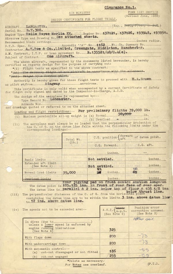 Air Ministry clearance form for Avro 638 Lancaster BT308. Shown on page 1 are the aircraft's engine type and serial numbers.