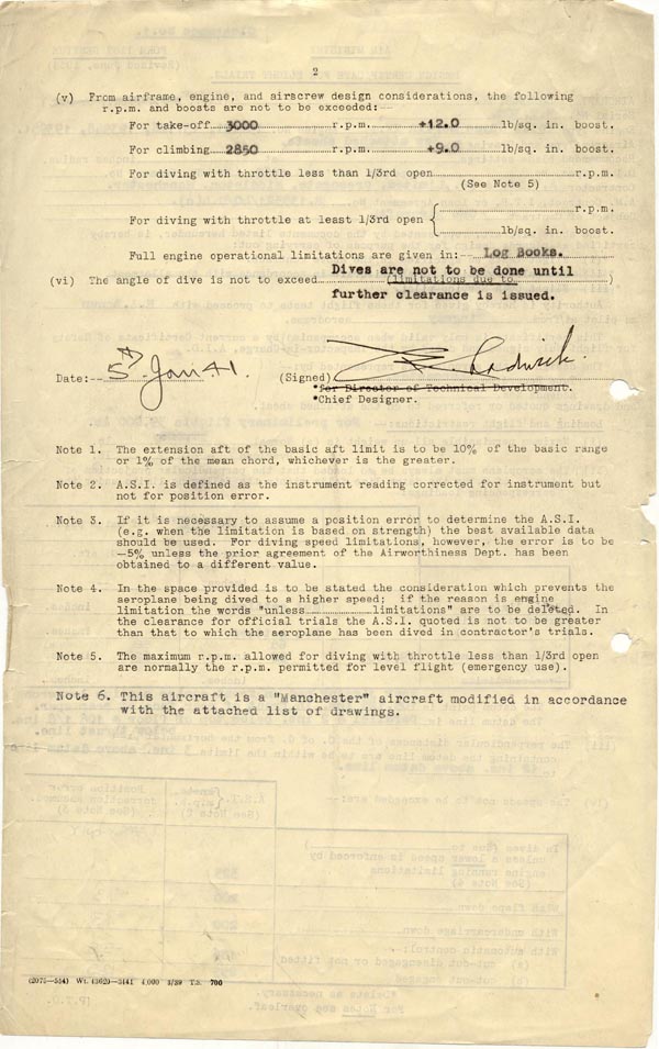 Air Ministry test flight clearance form, Page 2.