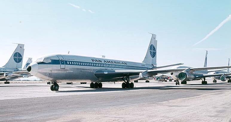 Pan American World Airway's Boeing 707-139B, N778PA, Clipper Skylark, along with many of her sisterships, in storage at Marana Air Park, Arizona.