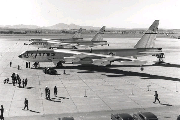 The three Boeing B-52B Stratofortresses at March AFB, 18 January 1957. (U.S. Air Force)