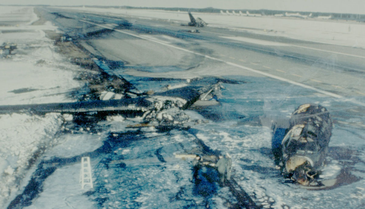 The remains of "Balls 40", B-52H-150-BW 60-0040, The Black Widow, at K.I. Sawyer AFB, Gwinn, Michigan, 6 December 1988. (U.S. Air Force)