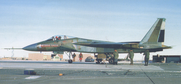 Streak Eagle, the modified McDonnell Douglas F-15A-6-MC, 72-0119, on the runway at Grand Forks AFB, North Dakota, being prepared for a flight record attempt. (U.S. Air Force)