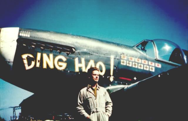Lieutenant Colonel James H. Howard, U.S. Army Air Corps, with DING HAO!, his P-51B Mustang, at RAF Boxted, 1944. (U.S. Air Force)