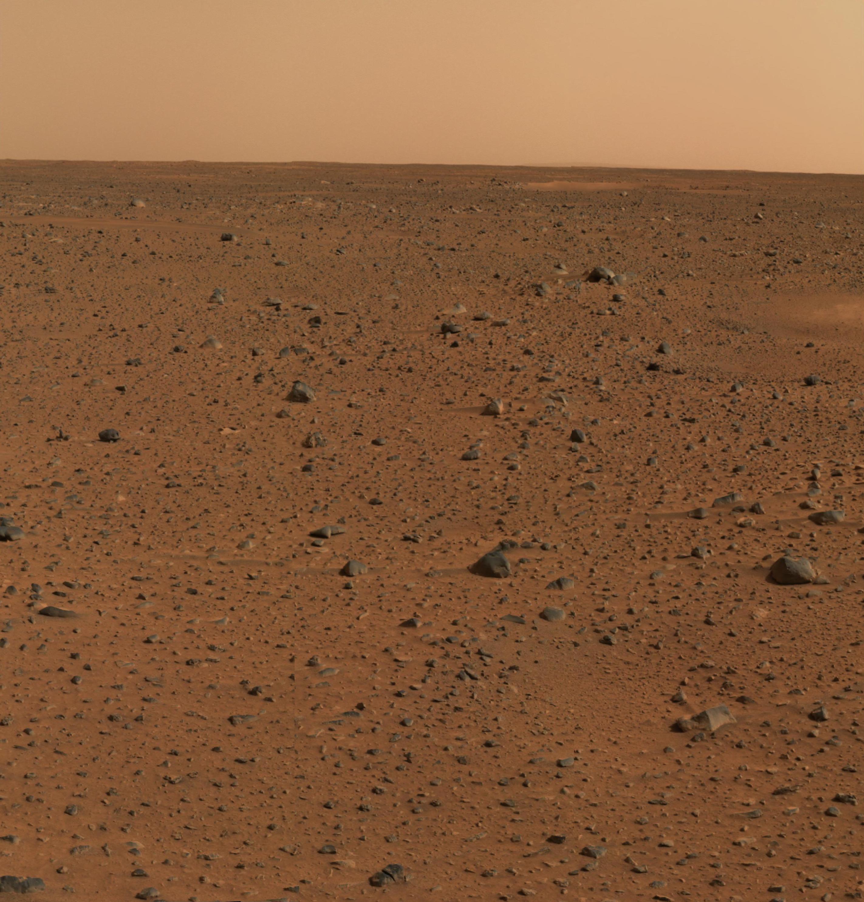Spirit captured this color image of the surface of Mars from its landing point at Columbia Memorial Station. The horizon is approximately 3 kilometers (1.9 miles) distant. (NASA)