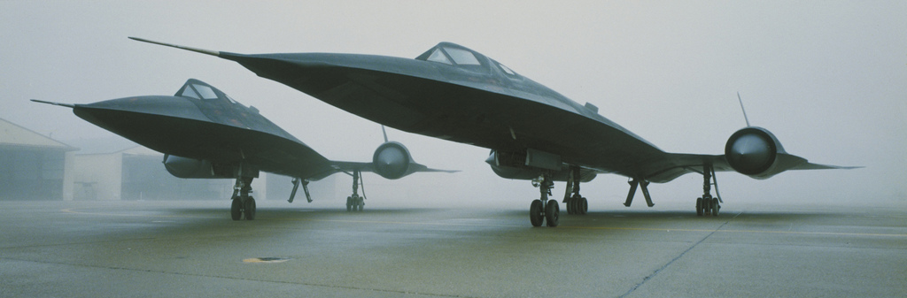 Two Lockheed SR-71A "Blackbirds" in the morning fog at Beale AFB. (U.S. Air Force)