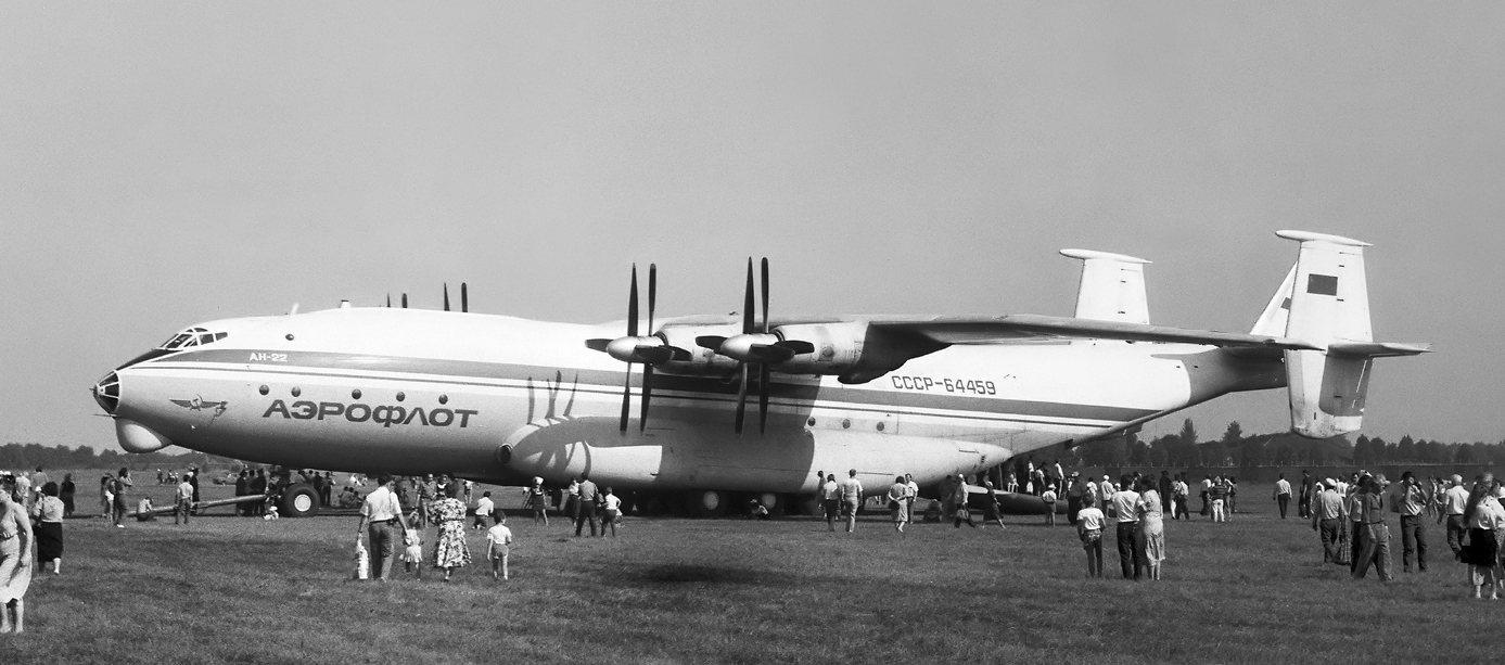 Antonov An-22 Antheus CCCP-64459, the first prototype, at the Antonov flight test facility, Gostomel Airport, Kiev Oblast. (Oleg Belyakov)