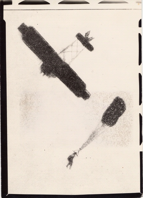 Captain Albert Berry parachuting from teh Benoist biplane over Jefferson Barracks, 1 March 1912. (NASM)