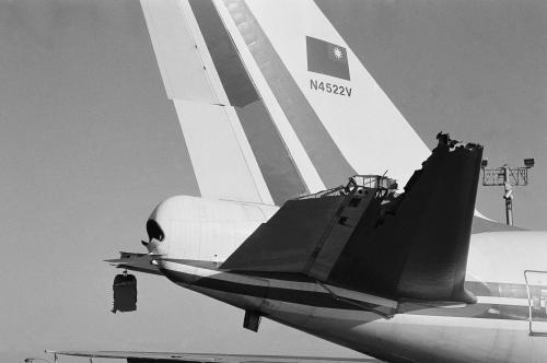 Damage to the tail surfaces of Boeing 747SP N4522V. 