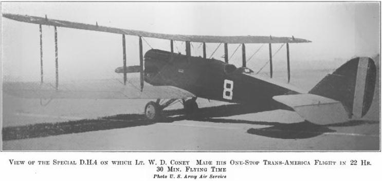 Lieutenant William D. Coney's transcontinental airplane, Atlantic DH-4M-2 A.S. 63385. A reproduction of this airplane is in the collection of the National Museum of the United States Air Force. ( )