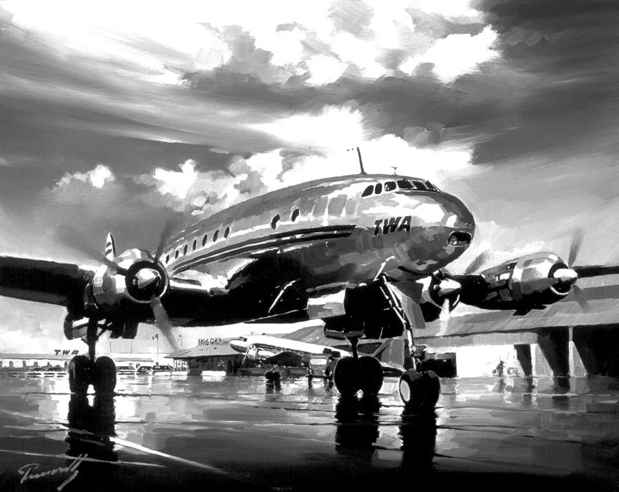 "TWA Lockheed Constellation at Paris-Orly" by Lucio Perinotto. For more striking paintings by the artist, please visit his web site at http://www.lucioperinotto.com/