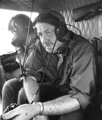 John Steinbeck aboard a U.S. Army UH-1 helicopter of D Troop, 1st Squadron, 10th Cavalry Regiment, at Pleiku, Vietnam, 7 January 1967. (Newsday)