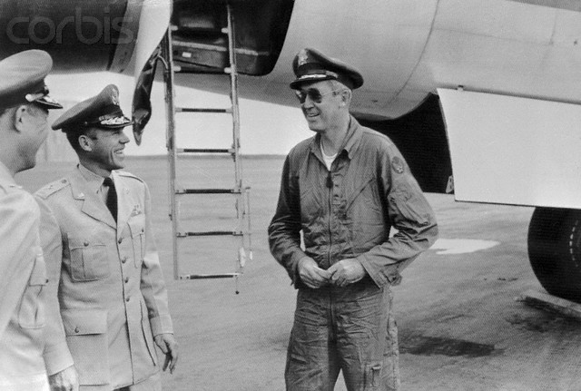 "Actor James Stewart, (right), a Colonel in the Air Force Reserve, arrives at Loring Air Force Base, here on July 8th, for his annual two-week tour of active duty. Stewart is being greeted by Brigadier General William K. Martin, (center), Commander of the 45th Air Division. While at Loring, the actor will be given a pilot refresher course in flying the B-52 heavy bomber." (©Bettman/CORBIS)
