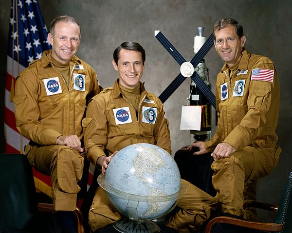 The Skylab 4 mission crew, left to right, Mission Commander Gerald P. Carr, Mission Scientist Edward G. Gibson and Pilot William R. Pogue. Pogue and Carr had joined NASA during the Apollo Program and were scheduled for Apollo 19, which was cancelled. This was the only space flight for these three astronauts. (NASA)
