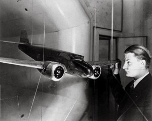 Kelly Johnson with a wind tunnel model of a version of the Lockheed Electra. Based on testing, numerous changes were made before the airplane was placed in production.
