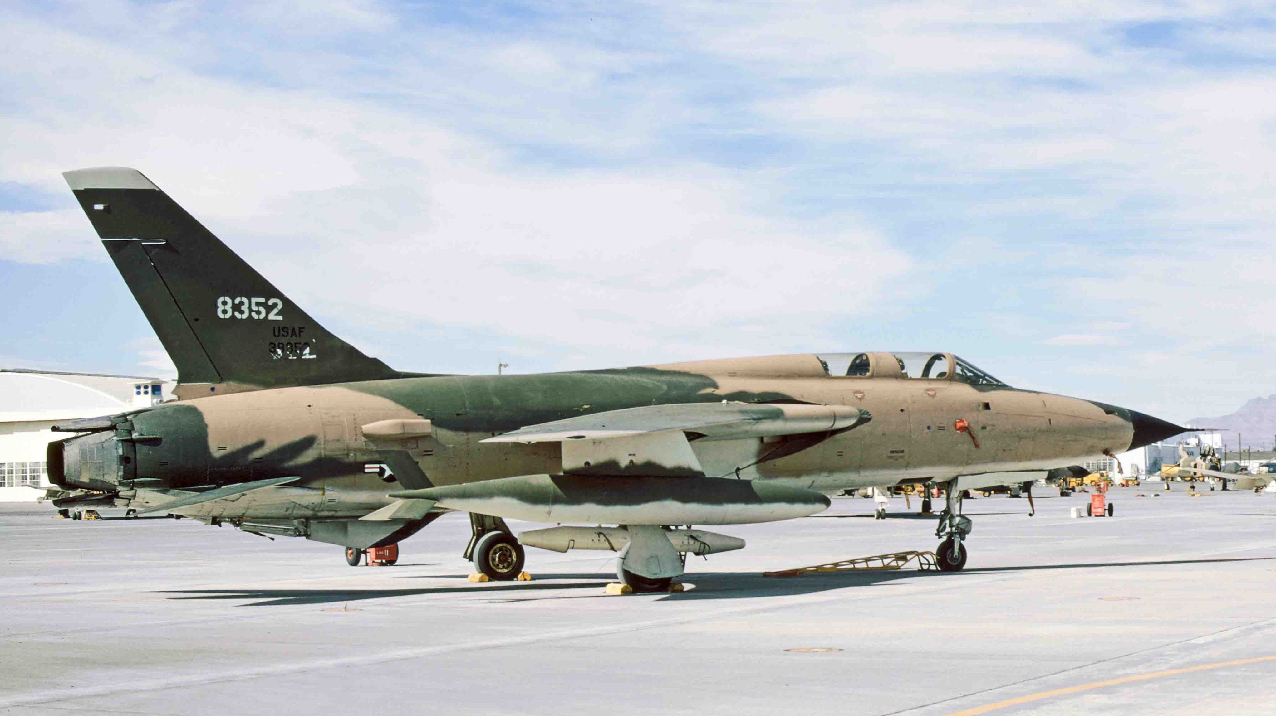 Captains Merlyn Dethlefsen and Kevin Gilroy flew this Republic F-105F-1-RE Thunderchief on 10 March 1967. It is seen here at Nellis AFB, Nevada, 29 August 1966. 63-8352 was destroyed by fire after running off the runway at Udorn RTAFB, 8 December 1969. The pilot, Major Carl R. Rice, was killed.