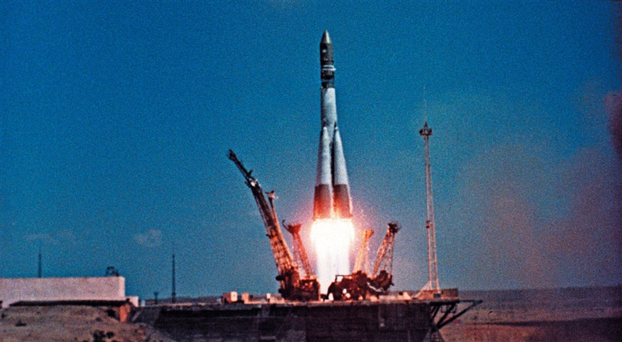 Vostok I with Yuri Gagarin was launched from Baikonur Cosmodrome, 12 April 1961.