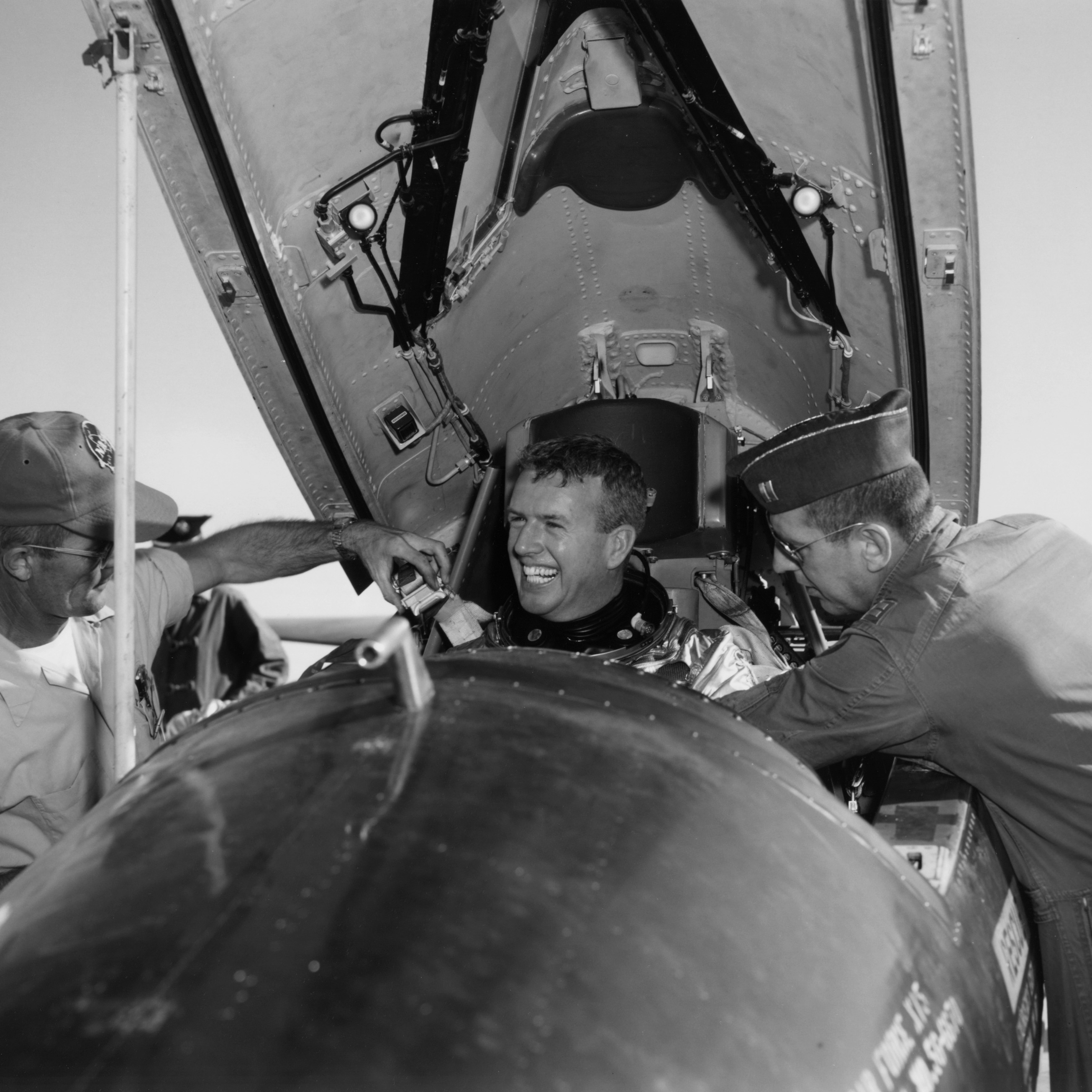 Joseph Albert Walker in the cockpit of North American Aviation X-15A 56-6670, after a flight, 1960. (NASA)