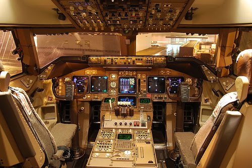 Cockpit of a Boeing 747-400 airliner.