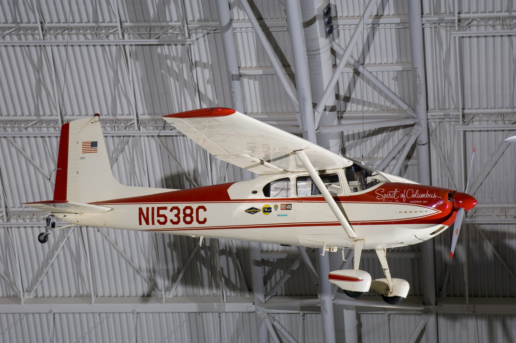 1953 Cessna 180, N1538C, Spirit of Columbus, on display at the Steven F. Udvar-Hazy Center. (National Air and Space Museum, Smithsonian Institution)